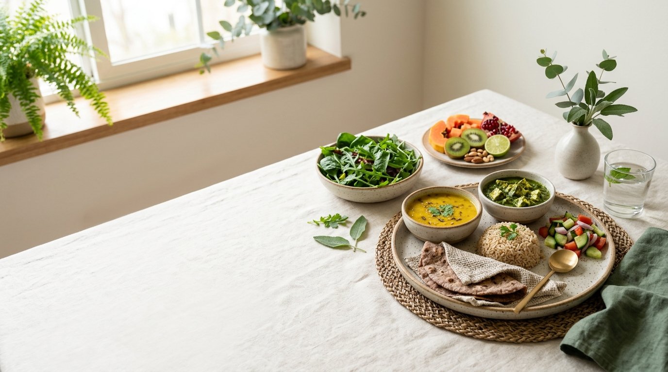 Wholesome balanced Indian nutrition spread softly lit