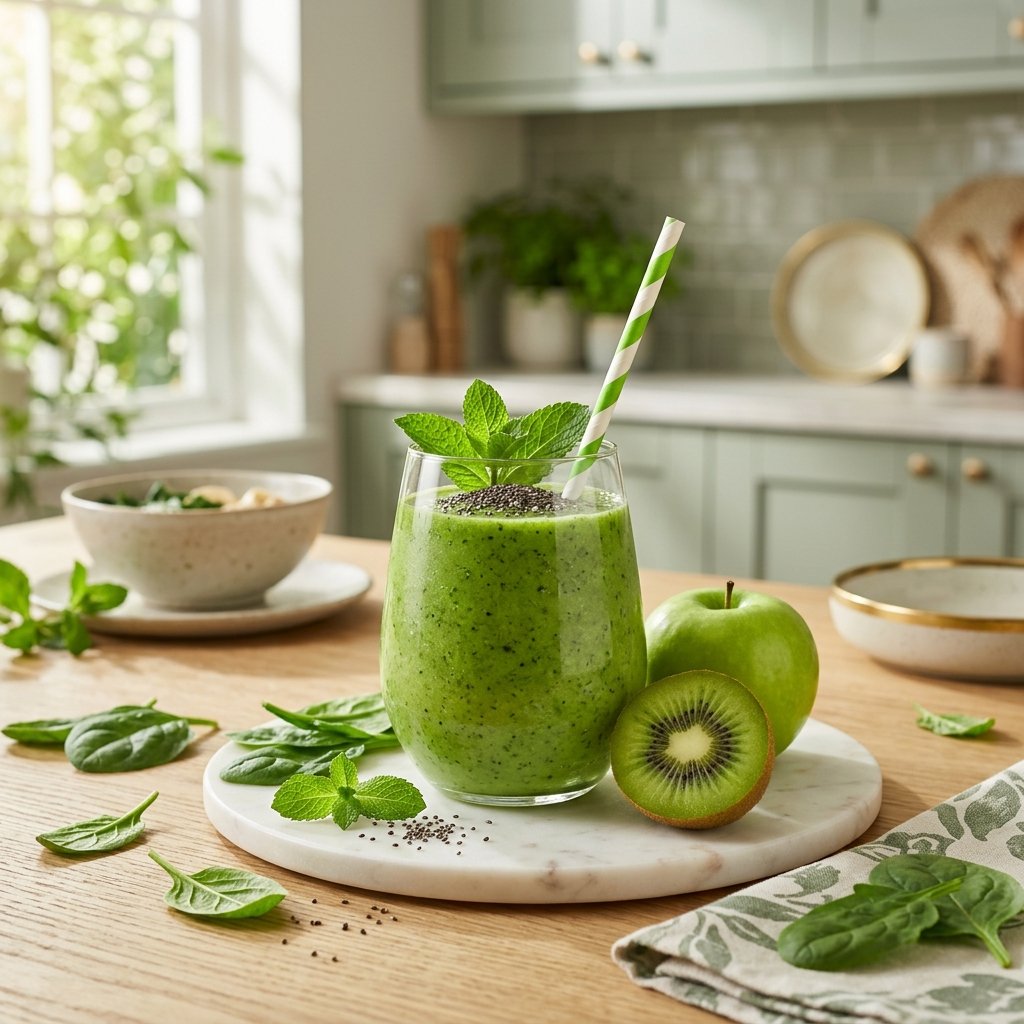 Vibrant healthy nutrition with green smoothie, sliced kiwi, and fresh fruit